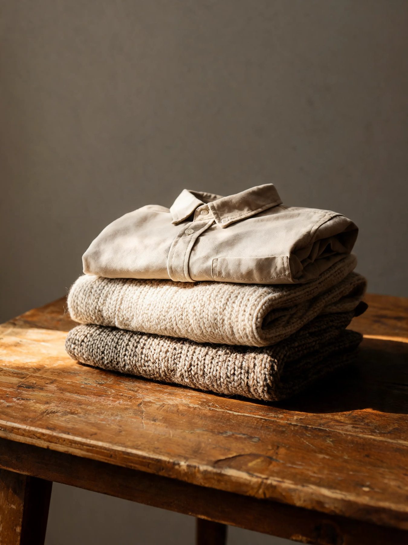 Folded knitwear and shirts stacked on a worn oak table