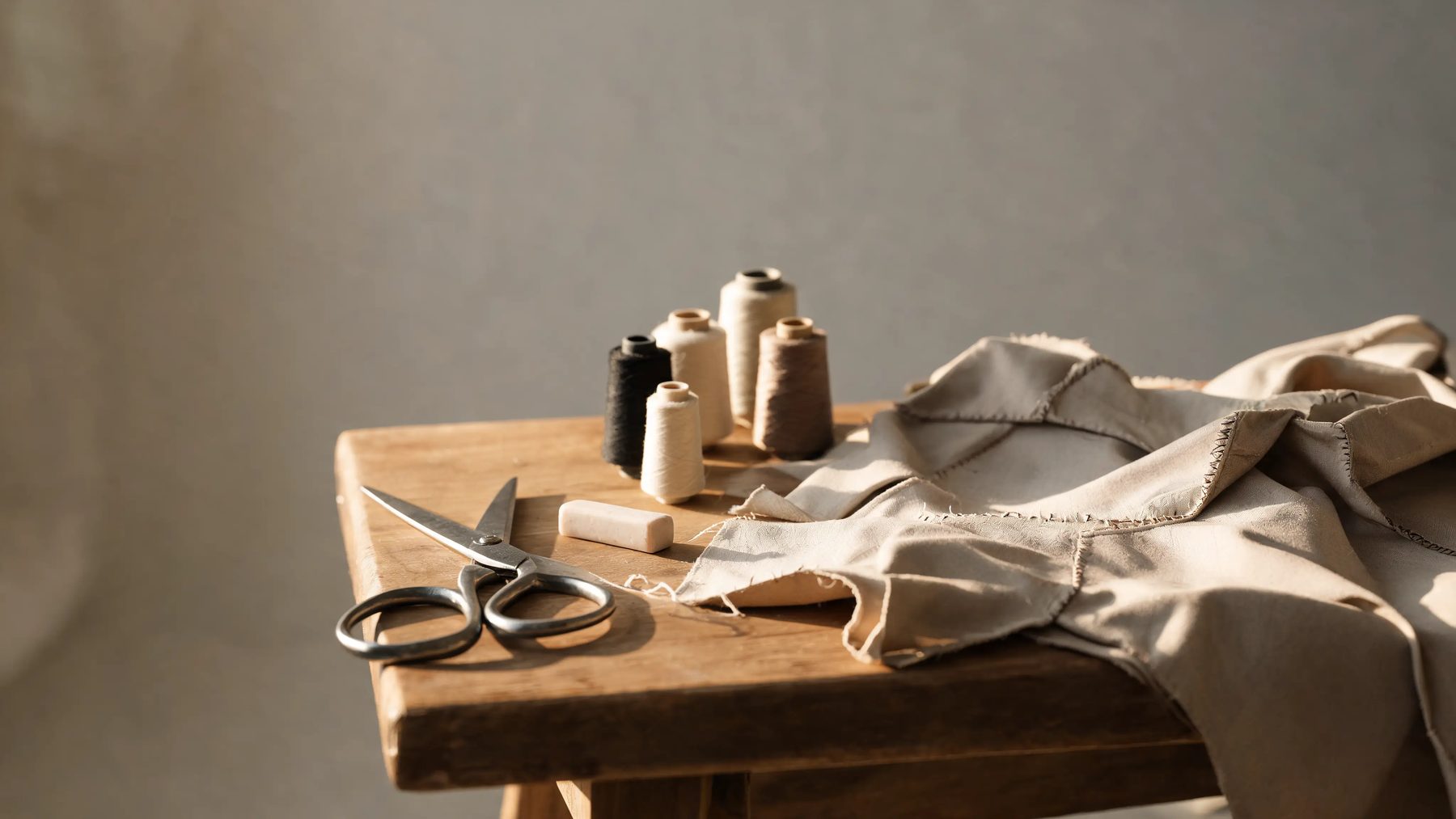 Workbench with shears, chalk, and thread